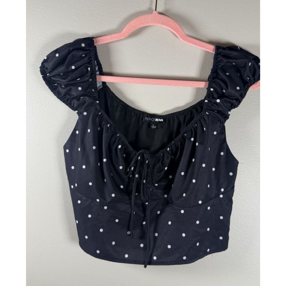 Fashion Nova Womens Black White Polka Dot Off Shoulder Crop Top Ruffle L